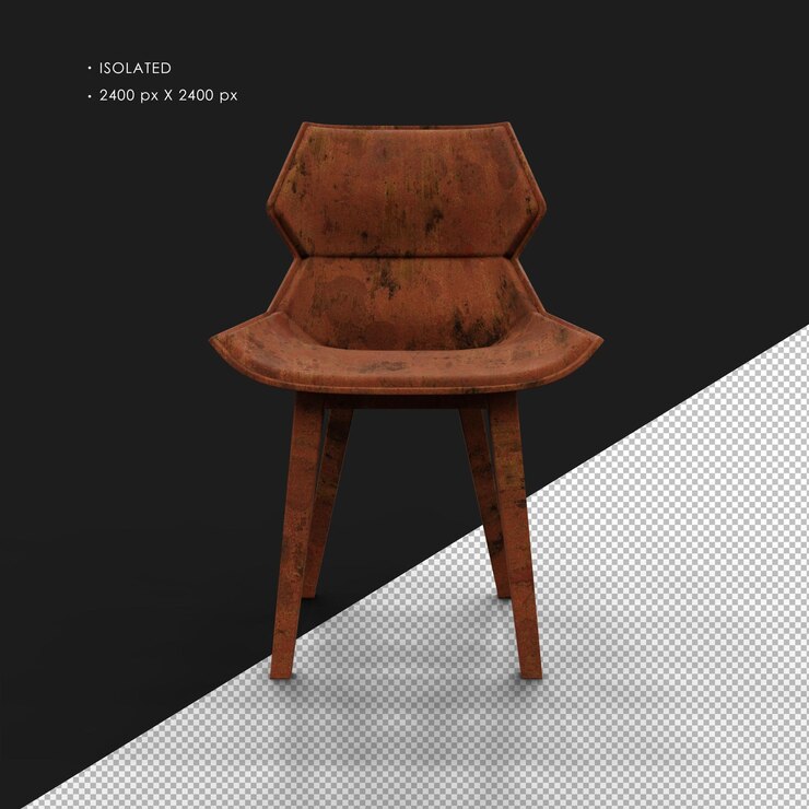 PSD silla de metal moderna aislada, realista, pesada y oxidada, vista delantera