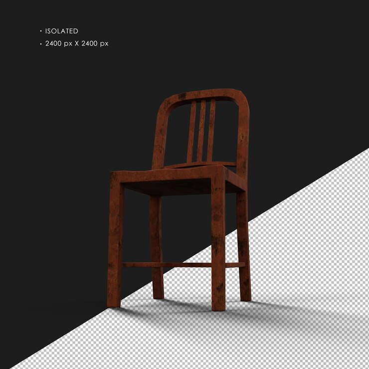 PSD silla de metal simple de windsor aislada realista pesada y oxidada ángulo delantero izquierdo