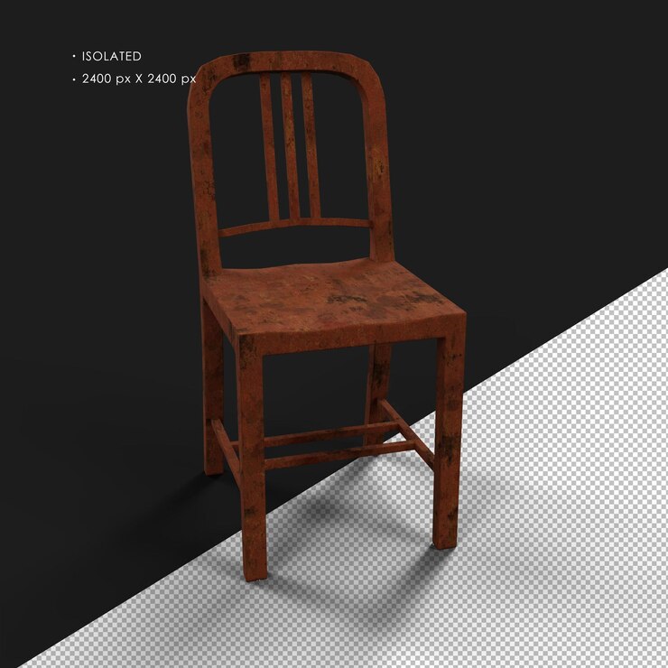 PSD silla de metal simple de windsor aislada realista pesada y oxidada visión del ángulo delantero derecho
