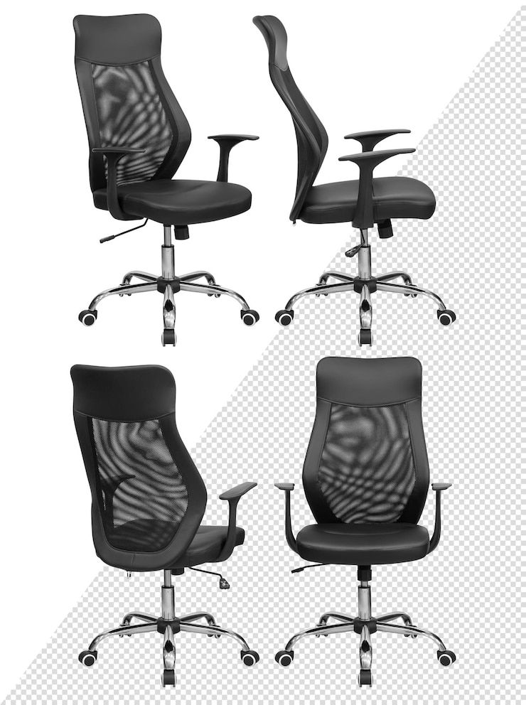 Silla de oficina de cromo negro con respaldo de malla. Aislado del fondo. Vista desde diferentes lados