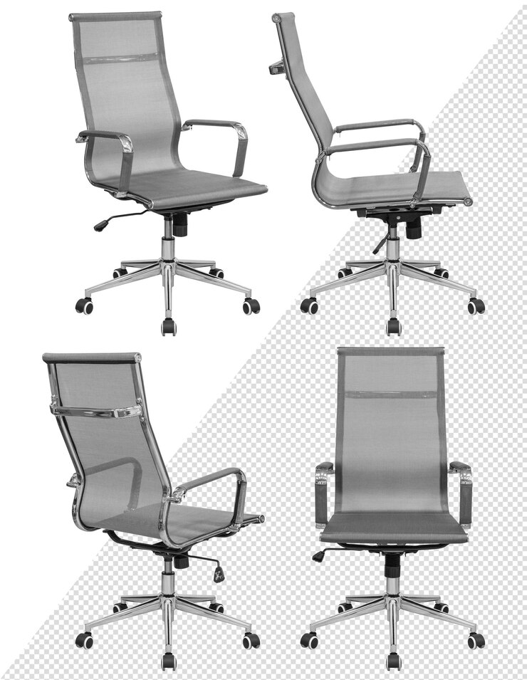 Silla de oficina gris con respaldo de malla. Aislado del fondo. Vista desde diferentes lados