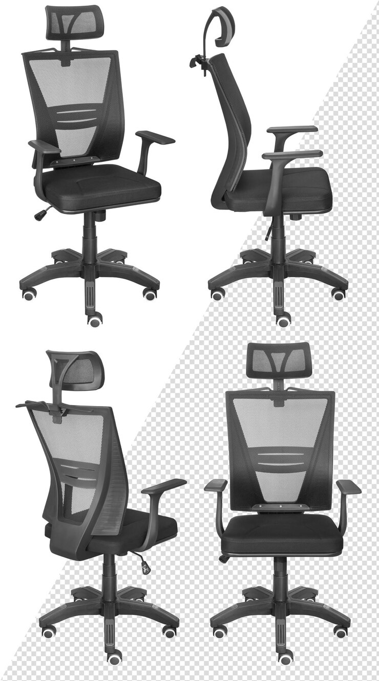 Silla para ordenador de oficina, con respaldo de malla. Aislado del fondo. Vista desde diferentes lados
