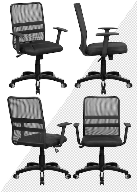 Silla para ordenador de oficina, con respaldo de malla. Aislado del fondo. Vista desde diferentes lados