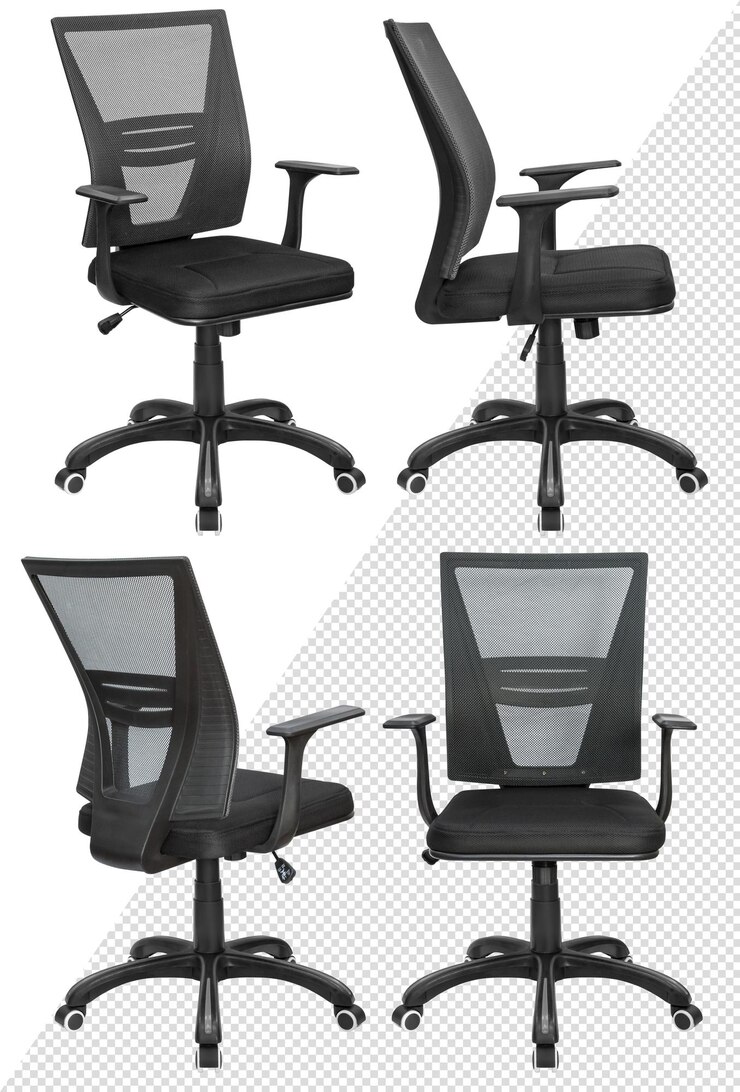 Silla para ordenador de oficina, con respaldo de malla. Aislado del fondo. Vista desde diferentes lados