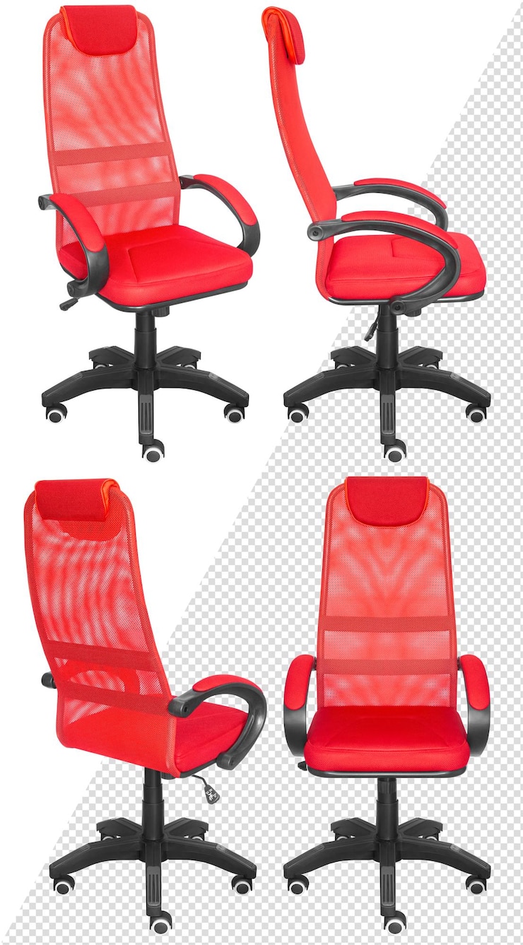 Silla para ordenador de oficina, con respaldo de malla. Aislado del fondo. Vista desde diferentes lados