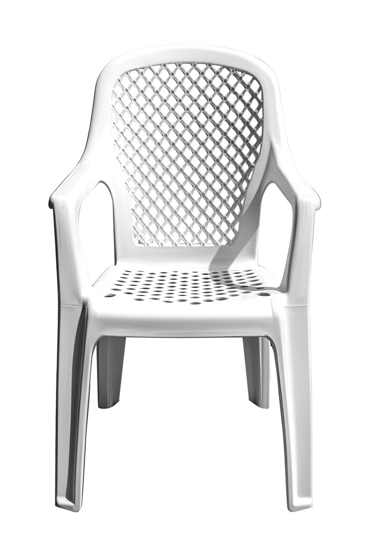 Silla de patio de plástico cuadrado blanco hiperrealista blanco aislado plano trasfondo transparente altamente D