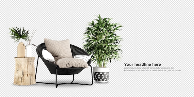 Silla y planta en renderizado 3d