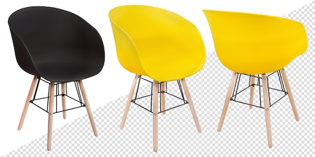 PSD silla de plástico moderna y elegante con patas de madera en diferentes ángulos de colores amarillo y negro