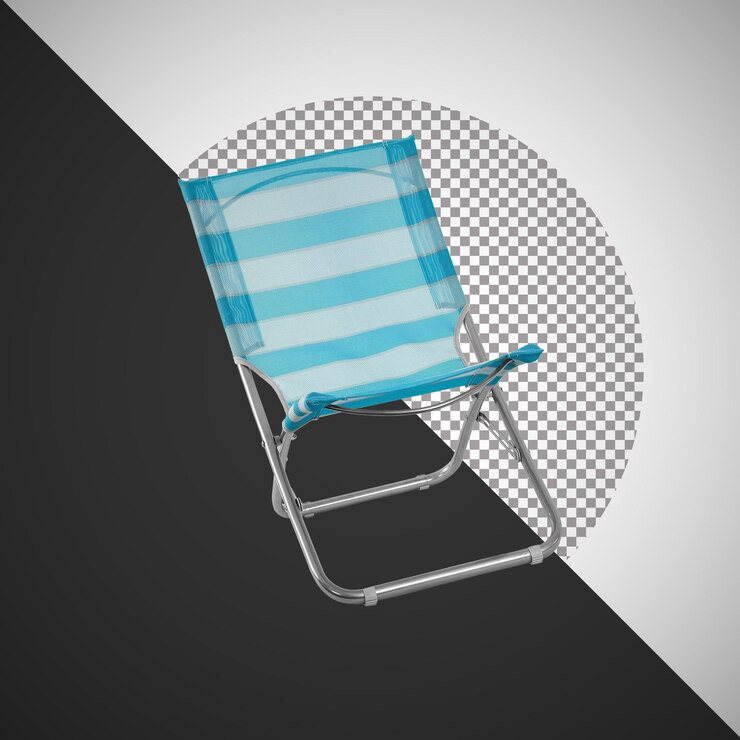 PSD silla de playa de rayas azules y blancas aislada sobre un fondo transparente