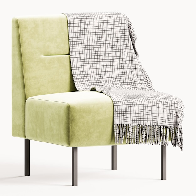Una silla verde con una manta blanca envuelta sobre ella