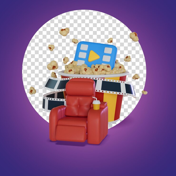 PSD sillas especiales carretes de película y palomitas de maíz en el cine 3d render ilustración