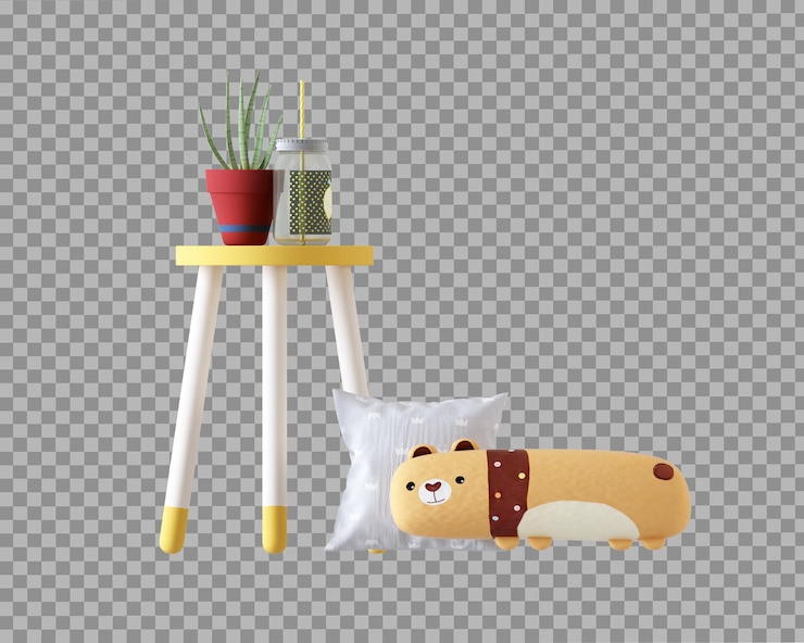 PSD sillas para niños y juguetes en renderizado 3d aislado