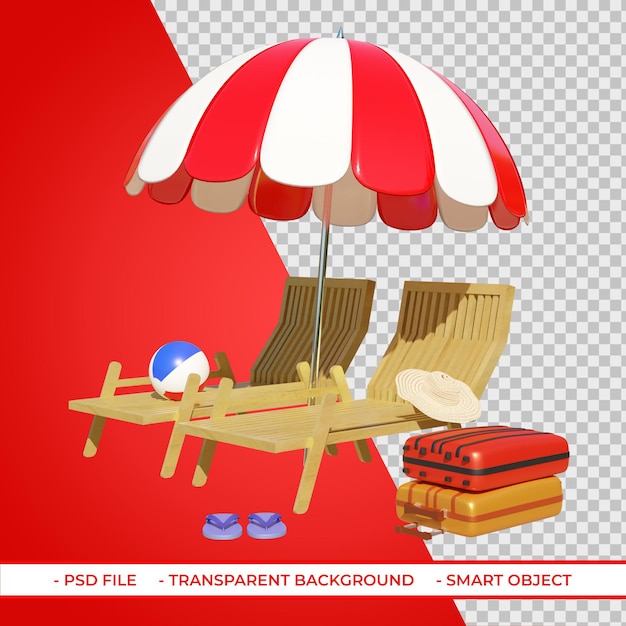Sillas de playa y sombrillas con equipajes de pelota de playa representación 3d
