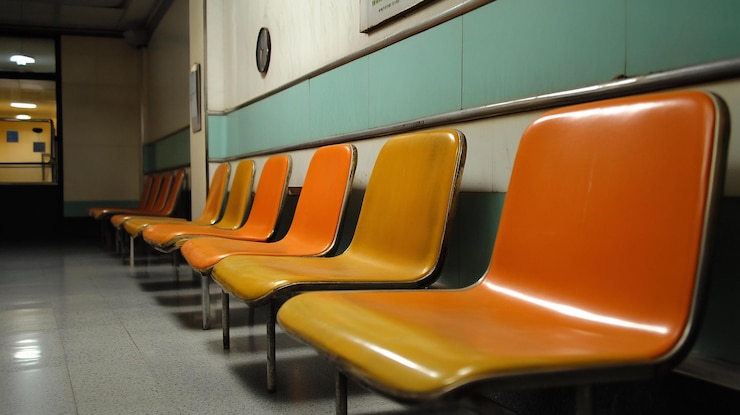 PSD sillas vacías de color naranja y amarillo en un pasillo de la sala de espera retro