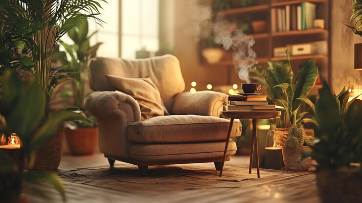PSD un sillón acogedor con una taza de café humeante en una habitación llena de plantas iluminada por el sol