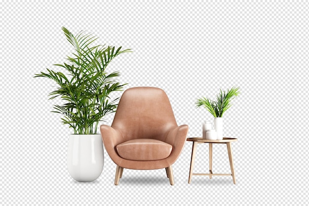 Sillón de cuero moderno y planta de renderizado 3d