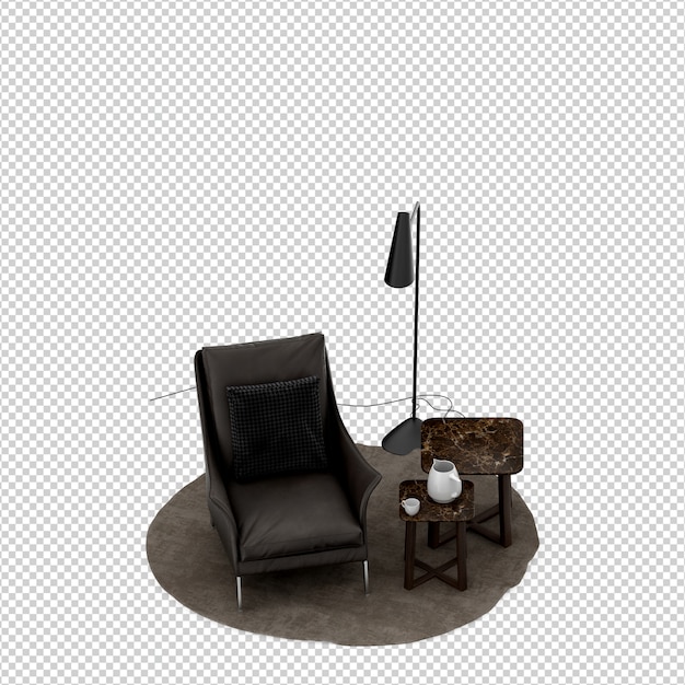 Sillón isométrico 3D render con mesa y lámpara de pie aislado