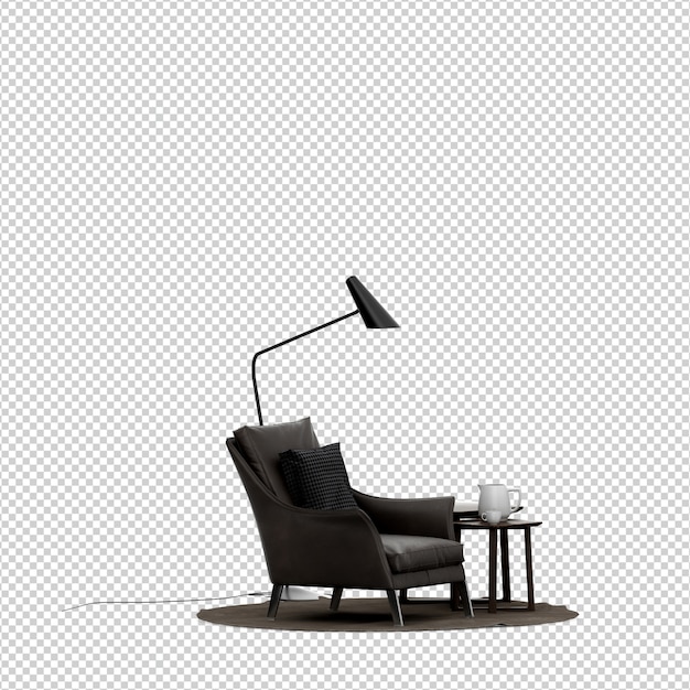 Sillón isométrico 3D render con mesa y lámpara de pie aislado