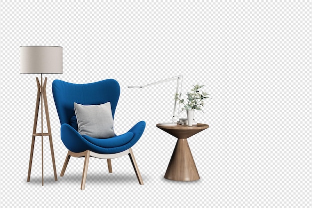 Sillón y mobiliario moderno en renderizado 3d