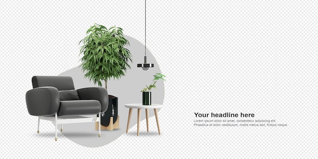 sillón oscuro y planta en renderizado 3d
