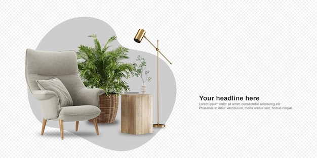 Sillón y planta en renderizado 3d