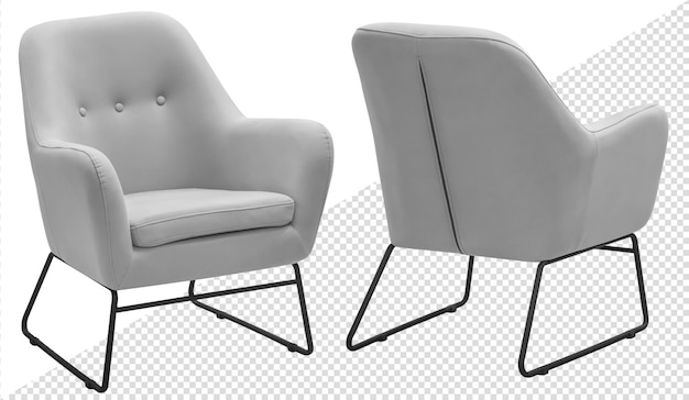 Sillón tapizado. Confección en textil gris. Aislado del fondo. elemento interior