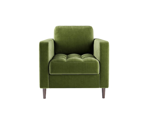 Sillón de tela de terciopelo verde con patas metálicas aisladas sobre un fondo blanco