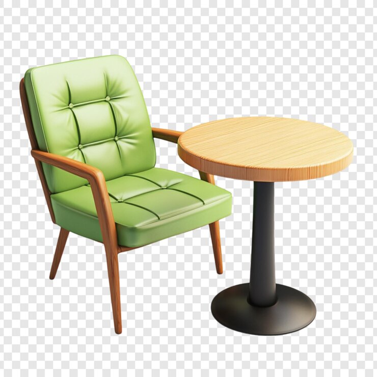 PSD sillón verde y pequeño juego de mesa de madera