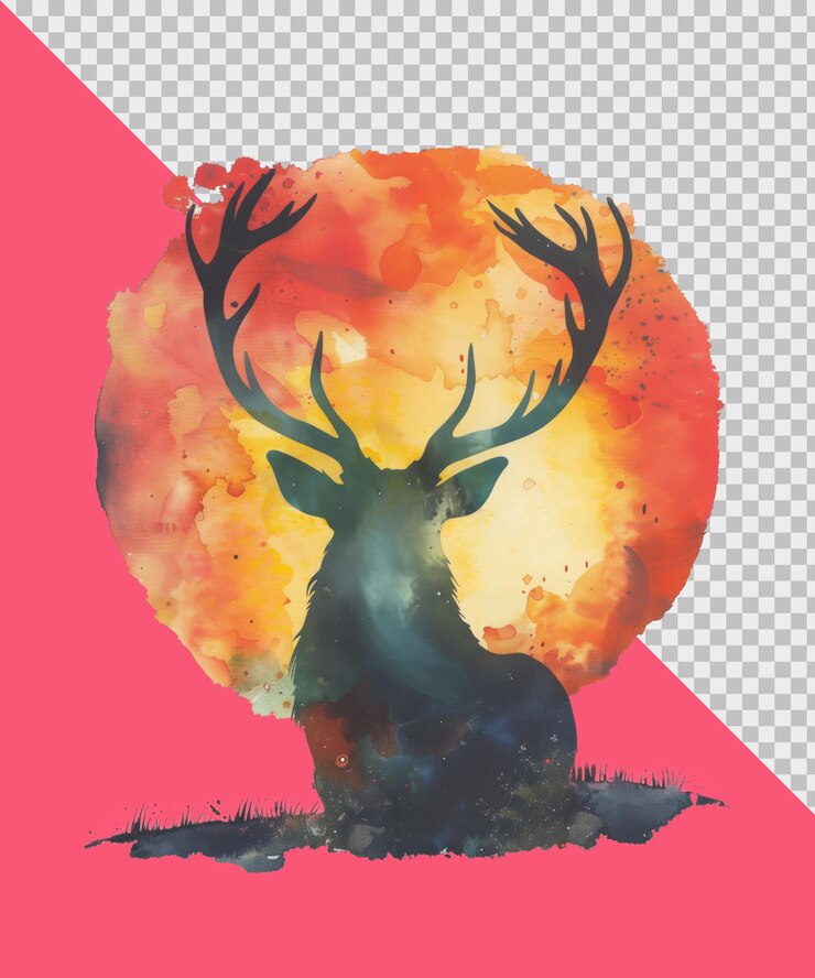PSD silueta de alce se encuentra contra una puesta de sol vibrante rodeada por un bosque oscuro acuarela png clipart