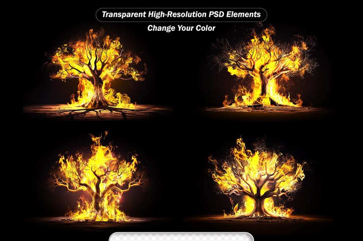 PSD silueta de aterrador árbol de halloween con cara de horror en un fuego oscuro y nebuloso