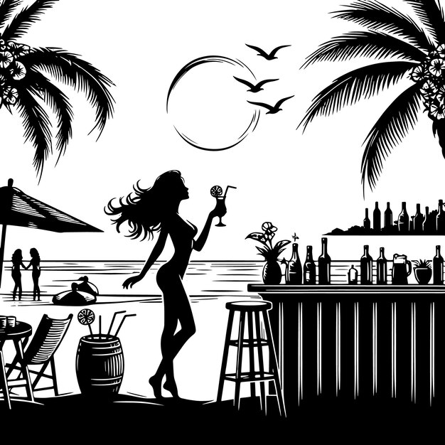 PSD silueta en blanco y negro de una fiesta tropical en la playa con chicas, bebidas y sol.