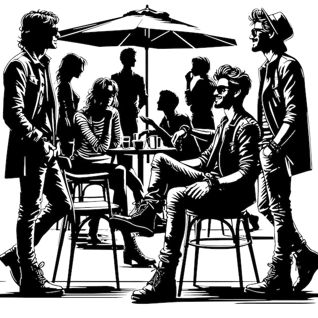 PSD silueta en blanco y negro de un grupo de personas europeas que se reúnen para saludar en el café de la calle urbana