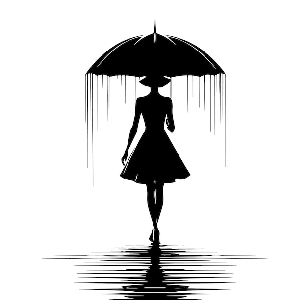 PSD silueta en blanco y negro de una mujer con un vestido caminando bajo un paraguas en la lluvia