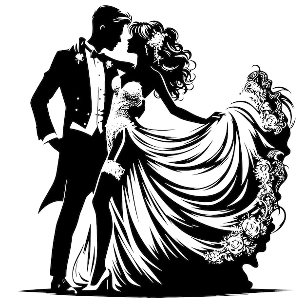 PSD silueta en blanco y negro de una pareja de bodas de pie juntos de una manera confiada