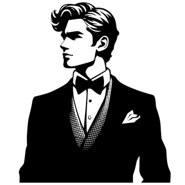 PSD silueta en blanco y negro de un tipo inteligente posando en un traje de negocios casual