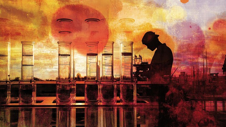 PSD silueta de un científico trabajando en un laboratorio con tubos de ensayo al atardecer