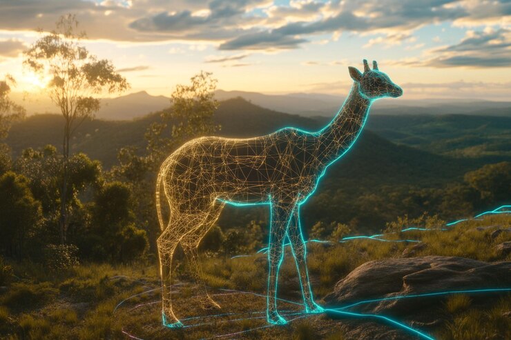 PSD silueta digital de un antílope en la cima de una montaña al atardecer