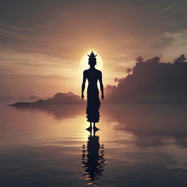 PSD la silueta del dios vishnu con la costa al atardecer