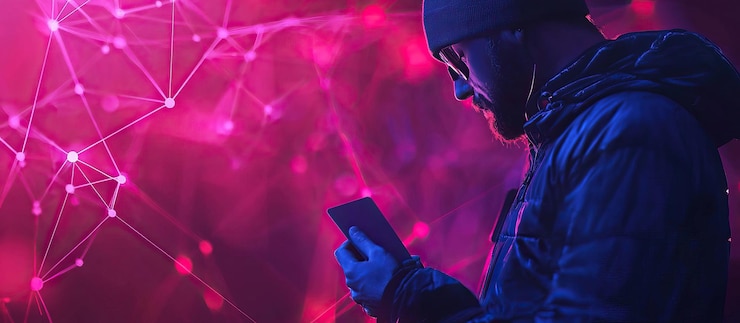 PSD silueta de hacker cyberpunk con luces de neón