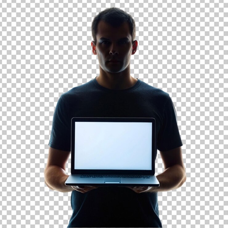 PSD silueta de un hombre sosteniendo una computadora portátil en un bg transparente