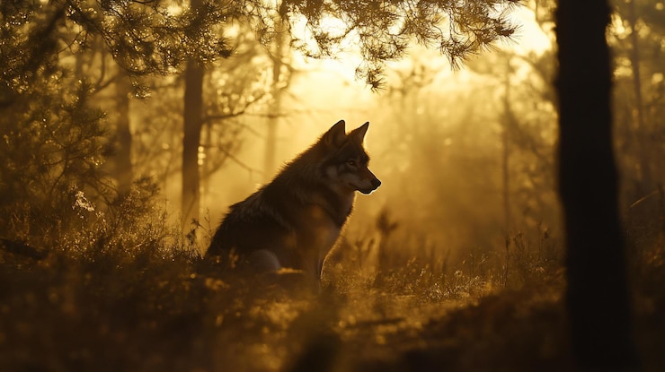 PSD silueta de lobo al atardecer en un bosque