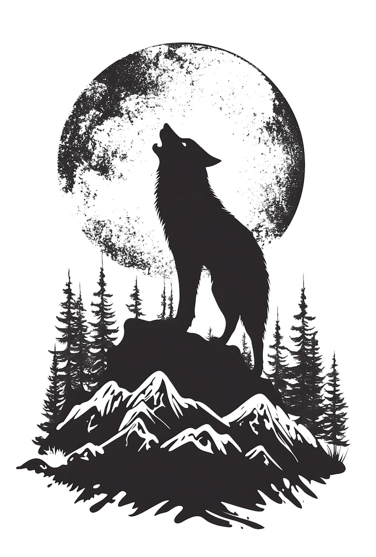 PSD silueta de un lobo aullando con la luna llena en el paisaje montañoso