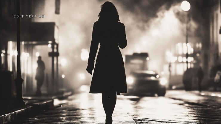 PSD silueta de una mujer caminando sola por la noche en una calle de la ciudad