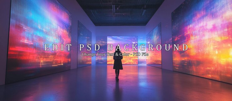 PSD silueta de una mujer en una galería con arte del cielo colorido