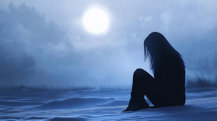 PSD silueta de una mujer sentada sola en un paisaje nevado bajo una luna brillante por la noche