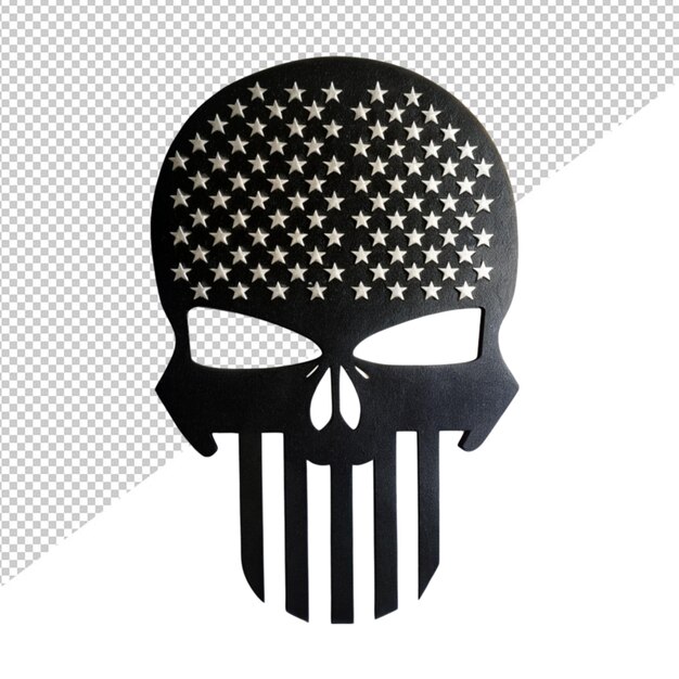 Silueta negra del emblema del cráneo con la bandera de los estados unidos en un fondo transparente