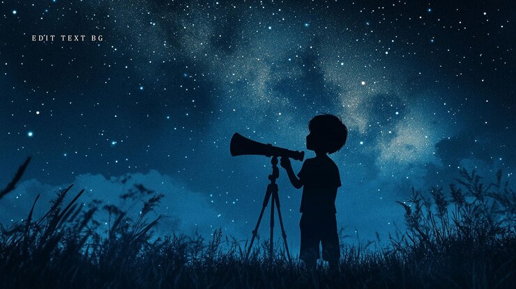 PSD silueta de un niño usando un telescopio para observar el cielo nocturno lleno de estrellas y la vía láctea