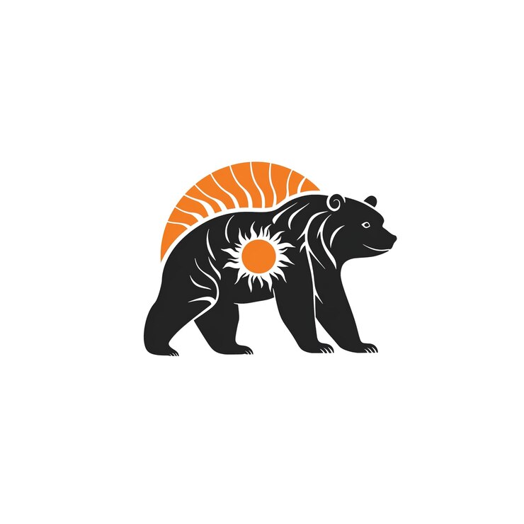 PSD silueta de oso majestuoso con sol poniente naturaleza y diseño de logotipo de vida silvestre