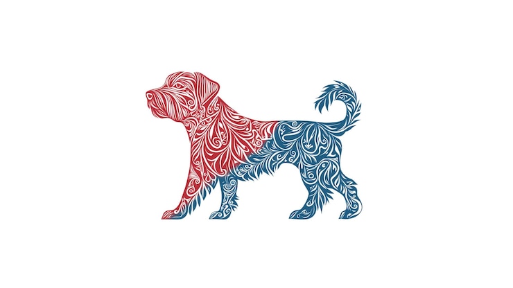 PSD silueta de perro adornado remolinos rojos y azules
