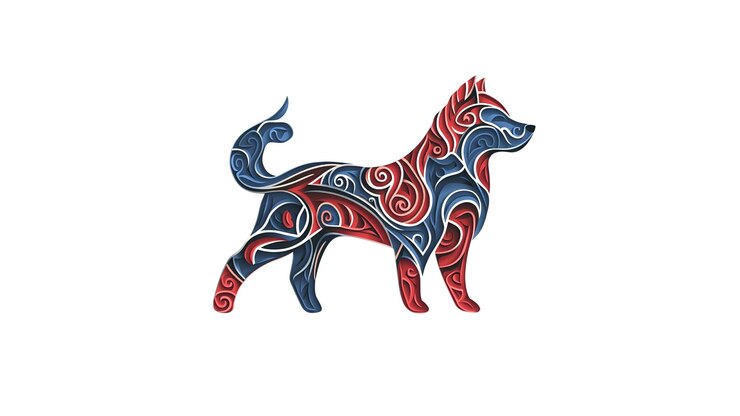 PSD silueta de perro husky adornado en rojo, blanco y azul